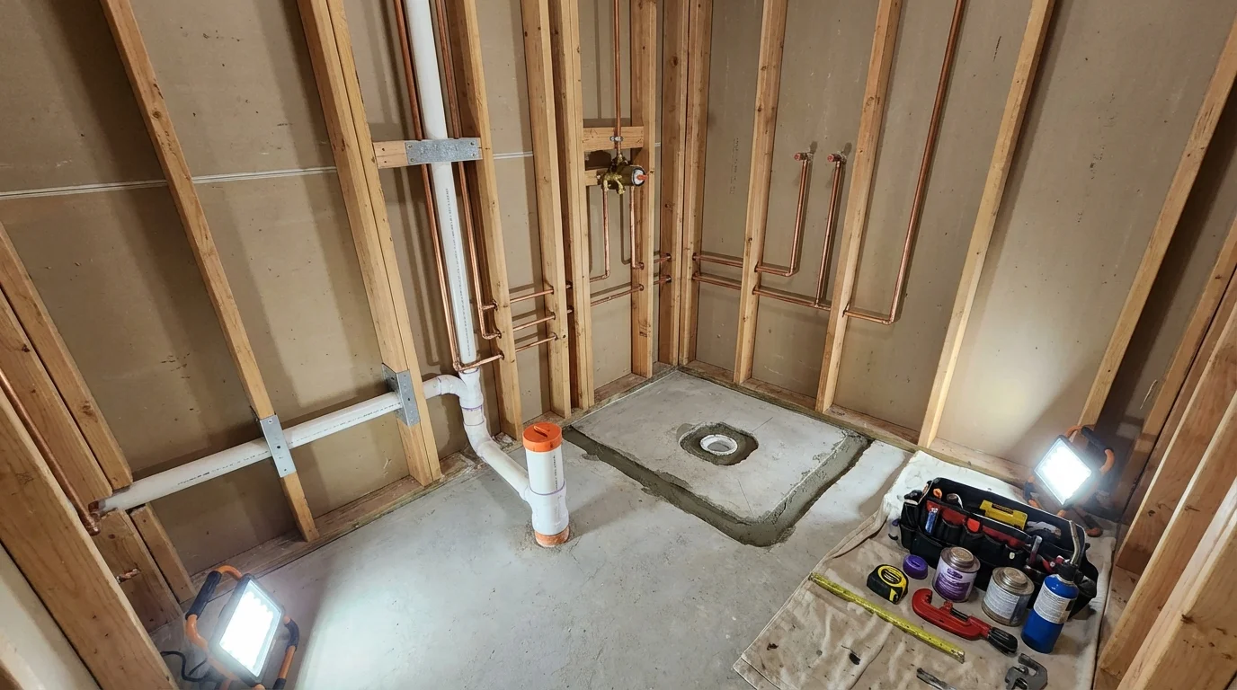Bathroom rough-in plumbing during remodel by Johns Plumbing LLC in Thompson
