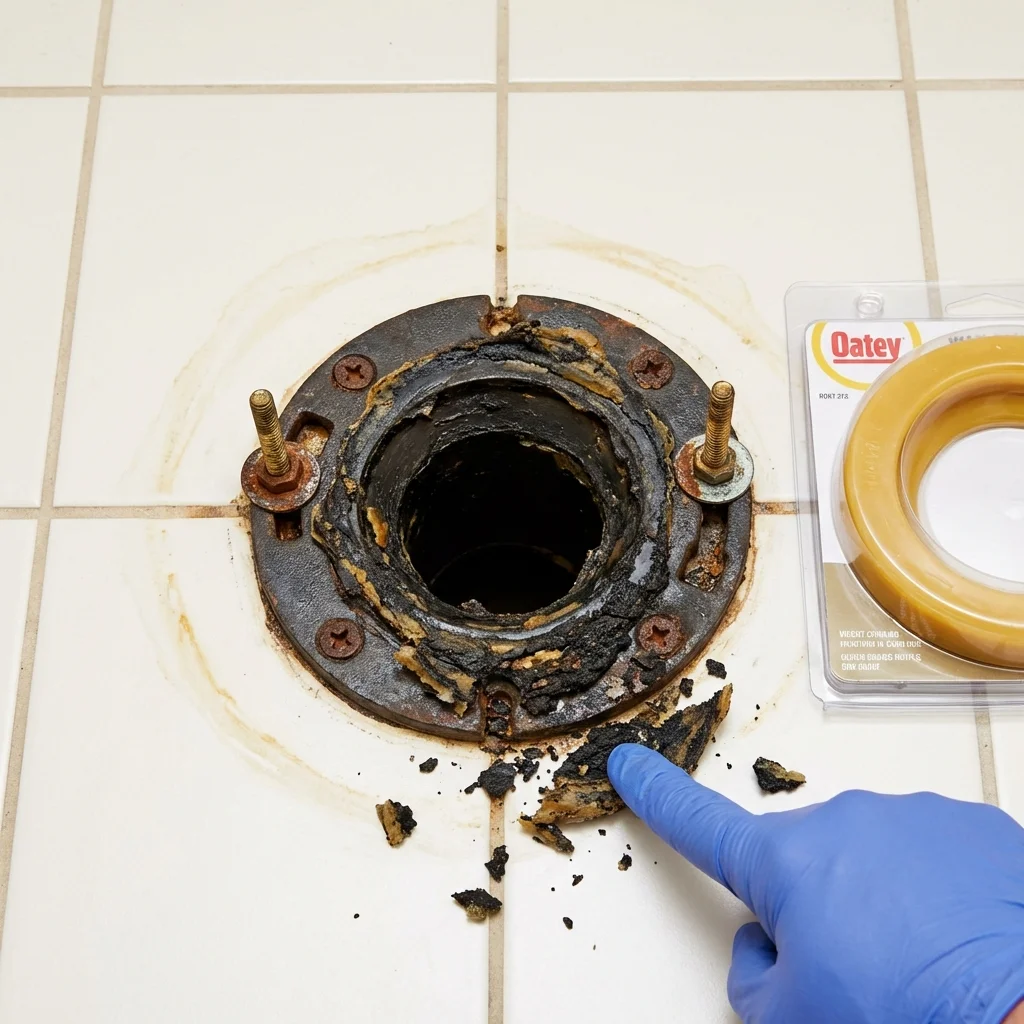 Failed wax ring showing water seepage at the base of a toilet in a Thompson, CT home