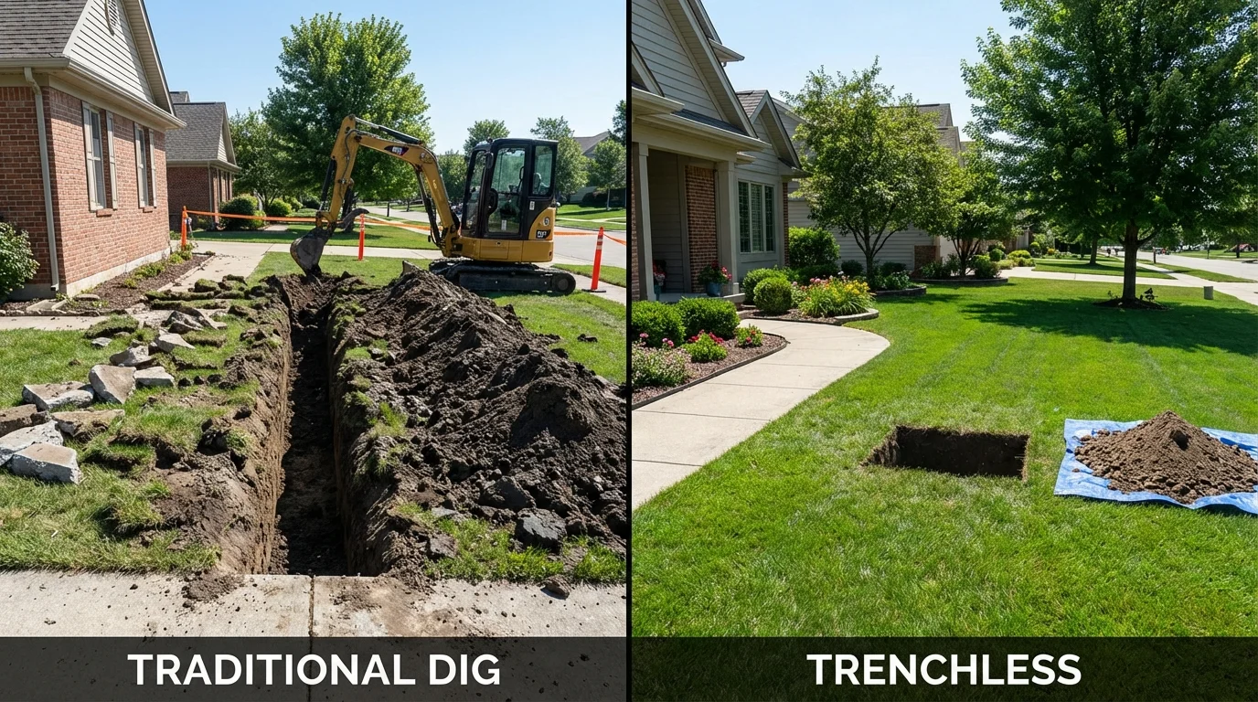 Trenchless sewer repair with minimal yard damage versus traditional excavation in Thompson, CT