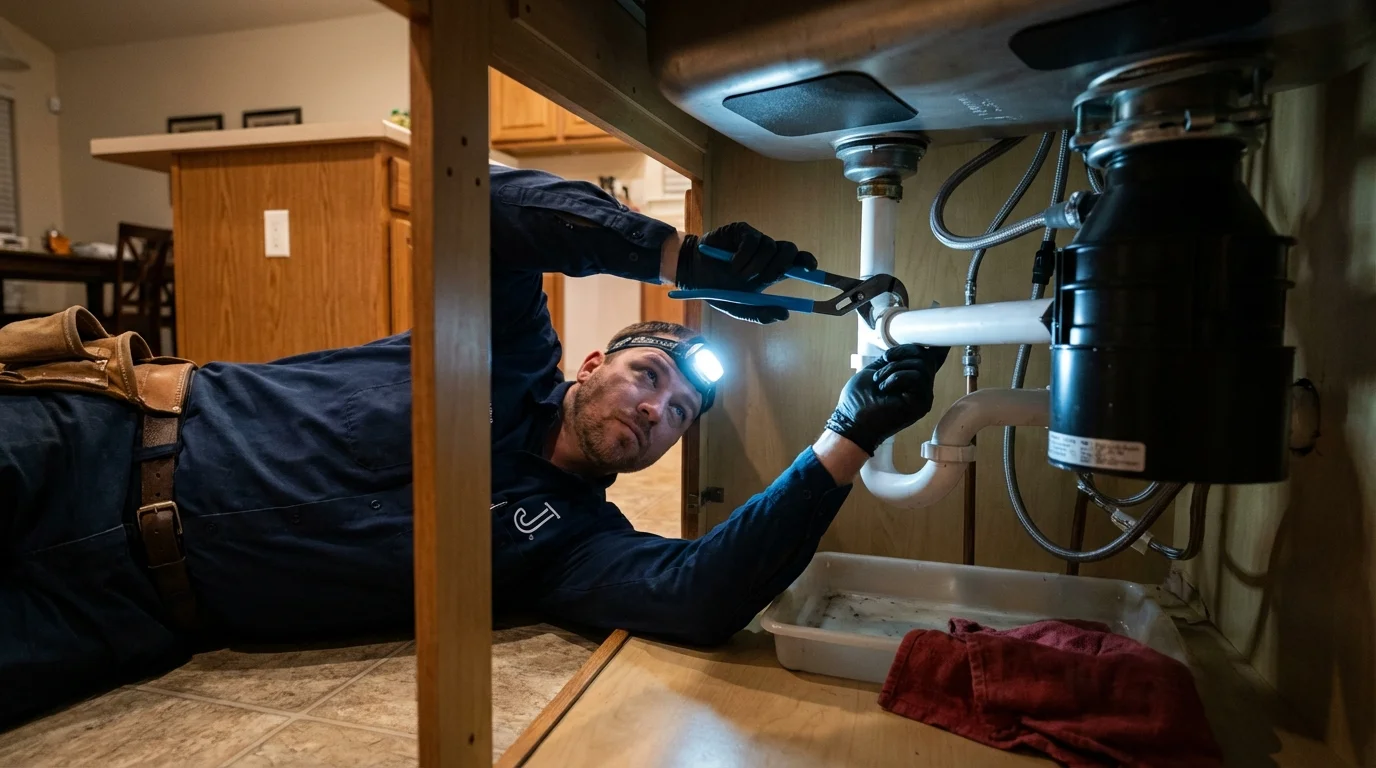 P-trap and supply line connections under a kitchen sink showing a common leak point in Thompson, CT